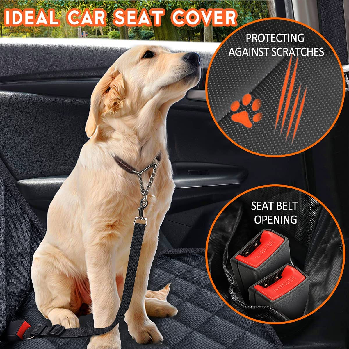 Black dog car seat cover protecting back seat with non-slip surface, waterproof material, fits most cars, SUVs, and trucks.
