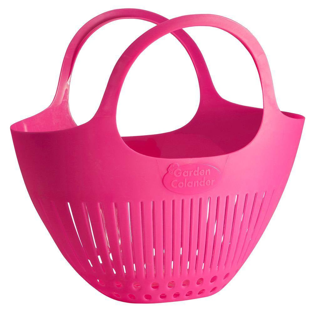 Pink garden colander harvest basket by X With Love, showing a sturdy, pink wire basket with a handle for gathering garden produce.