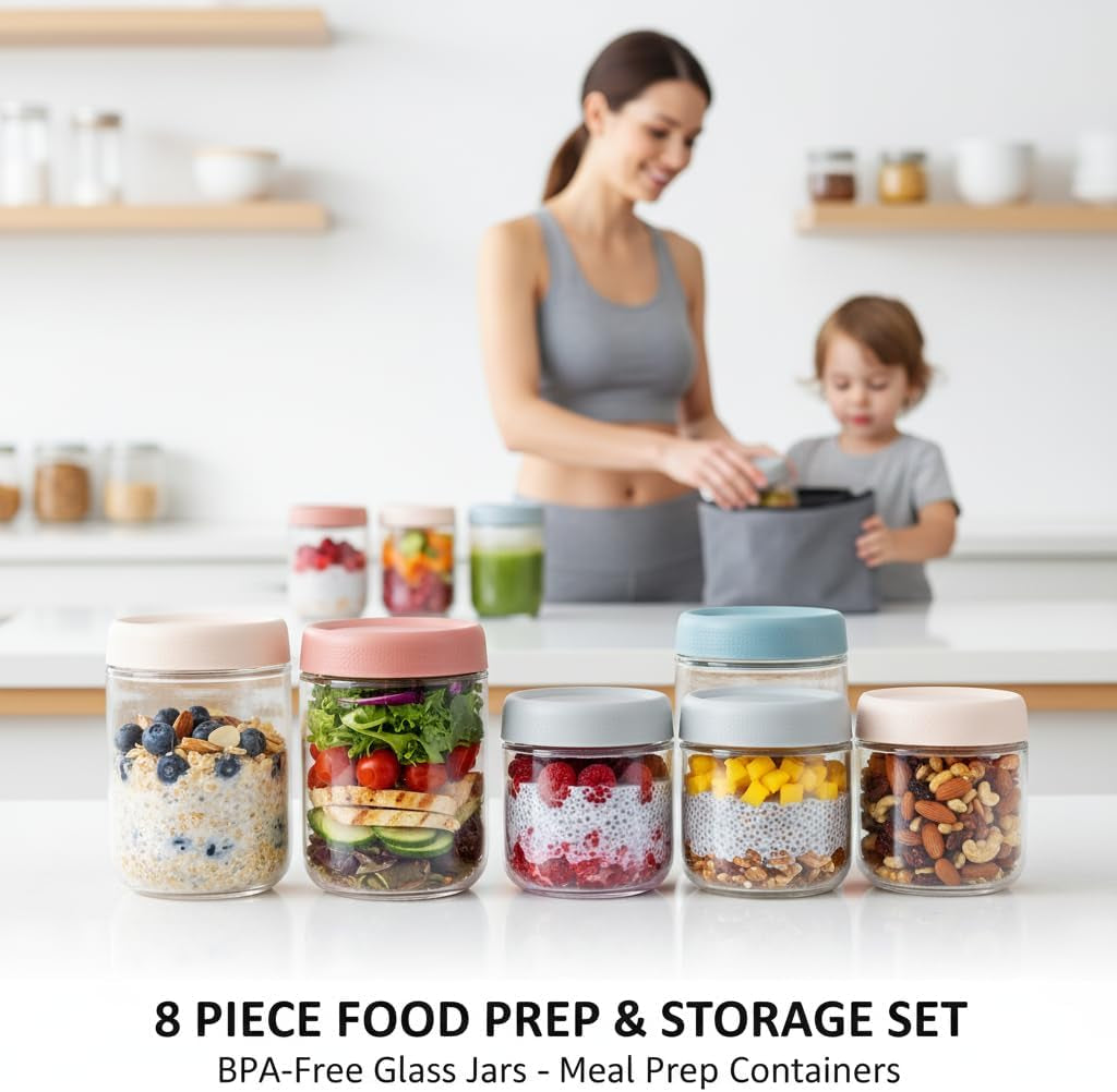 Eight stackable glass overnight oats containers with airtight lids, wide mouth jars for meal prep, snacks, yogurt, and chia seed pudding.