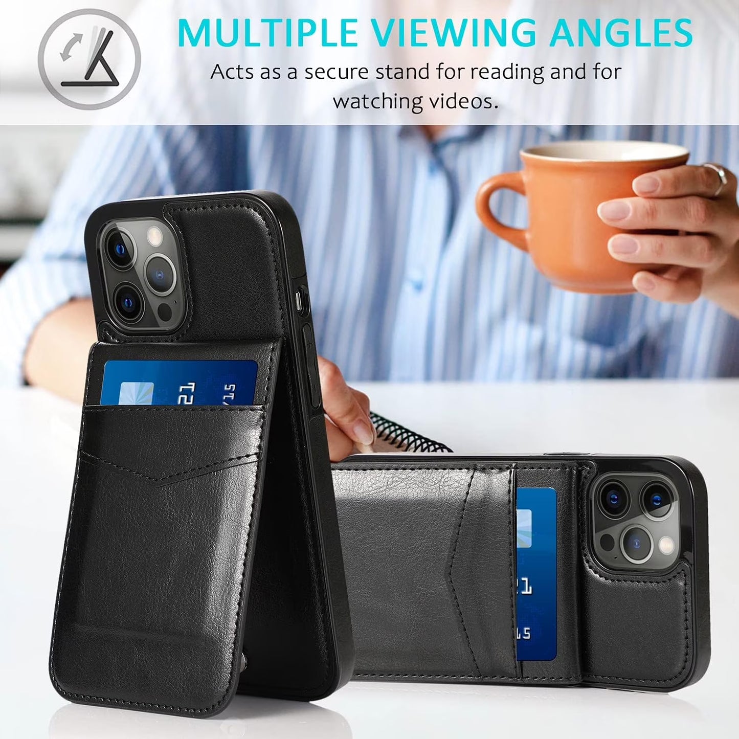 Black X With Love wallet case for iPhone 14 Pro Max with card holder flip cover showing front view of the phone and case design.