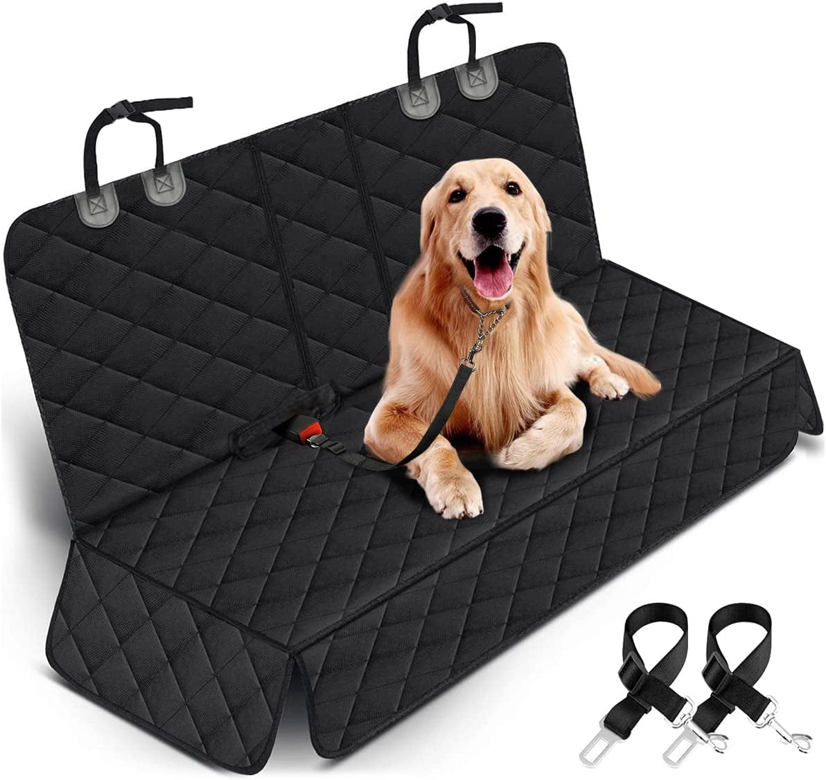 Black dog car seat cover protecting back seat area, waterproof and non-slip, fits most cars, SUVs, and trucks with middle armrest.