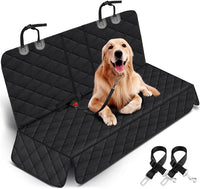 Black dog car seat cover protecting back seat area, waterproof and non-slip, fits most cars, SUVs, and trucks with middle armrest.