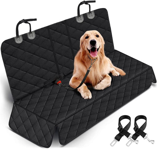 Black dog car seat cover protecting back seat area, waterproof and non-slip, fits most cars, SUVs, and trucks with middle armrest.