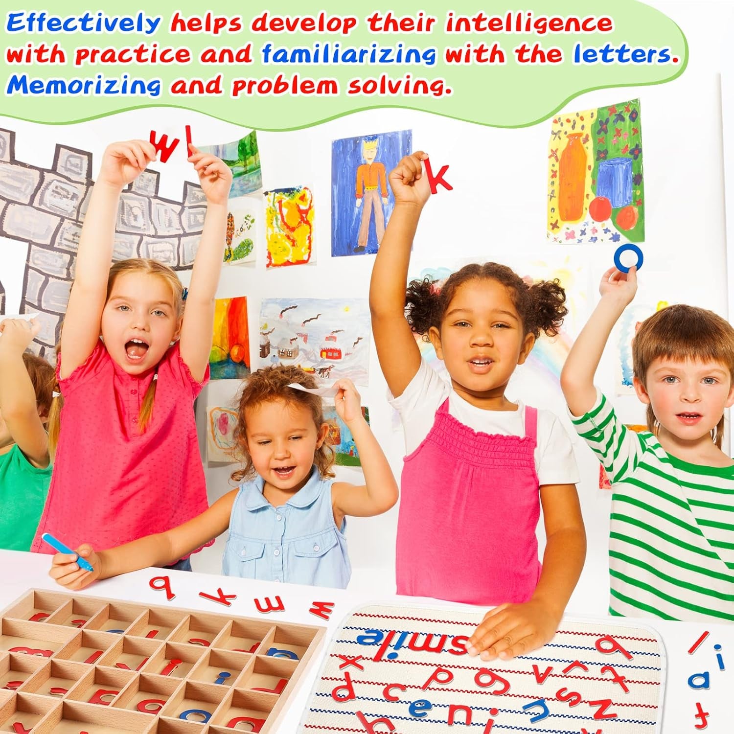 Set of Montessori wooden alphabet letters in red and blue with box and large mat for preschool spelling and language learning.