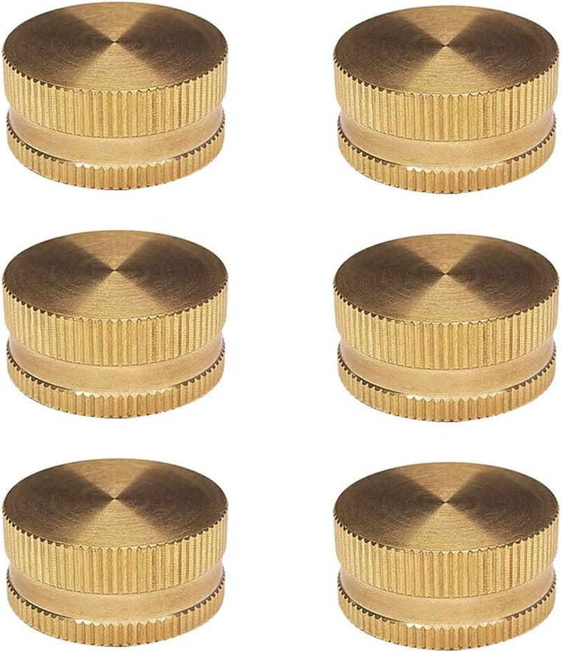 Six brass garden hose caps with washers, 3/4 inch female fittings, for secure connection and leak prevention on garden hoses.