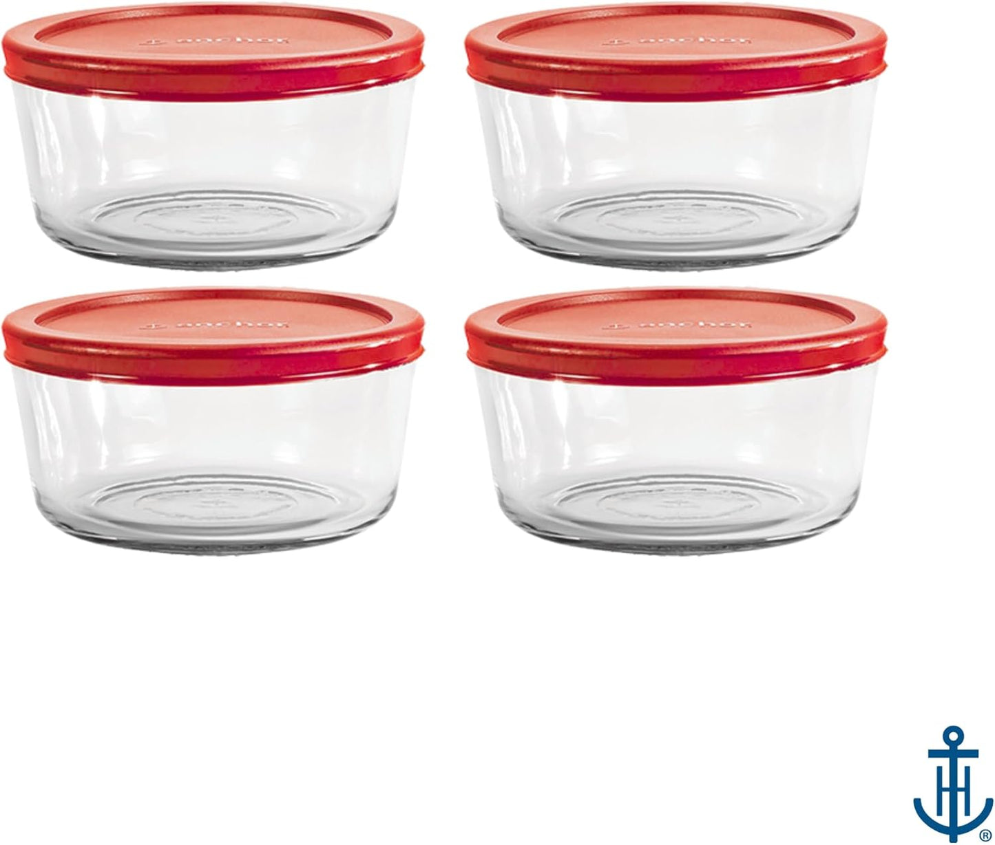Set of four Snugfittm round food storage containers with red lids from X With Love, oven-safe and 7-cup capacity.