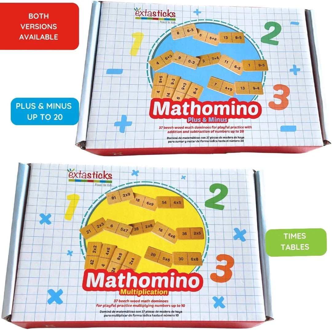 Mathomino Times Tables Multiplication Domino Math Game by X With Love featuring colorful domino tiles for learning multiplication.