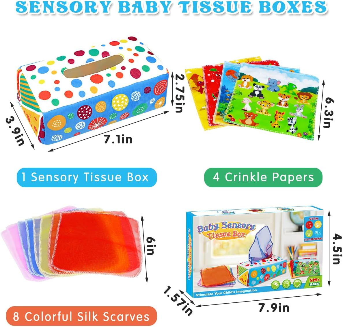Soft crinkle tissue box toy for babies 6-12 months, Montessori sensory toy for early learning and infant development.