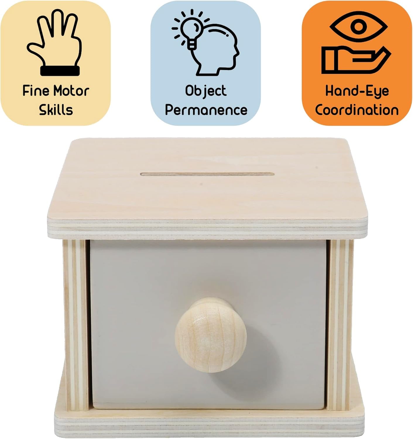 Wooden Montessori coin box toy for 1-year-old toddlers, featuring a baby wooden ball and drawer for object permanence learning.