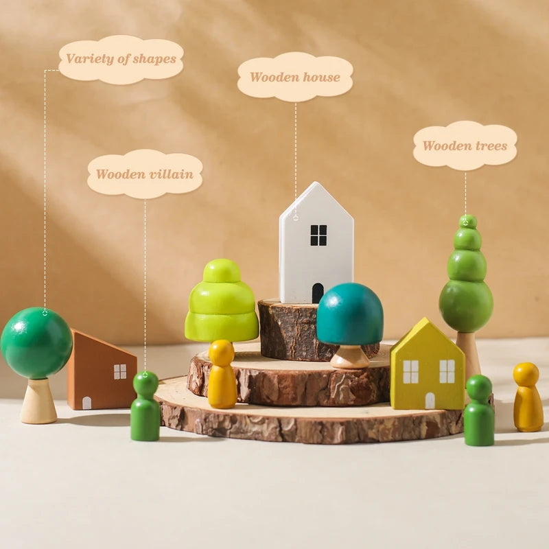 Wooden Montessori sensory stacking toys featuring forest house replicas, designed for baby development and early childhood education.