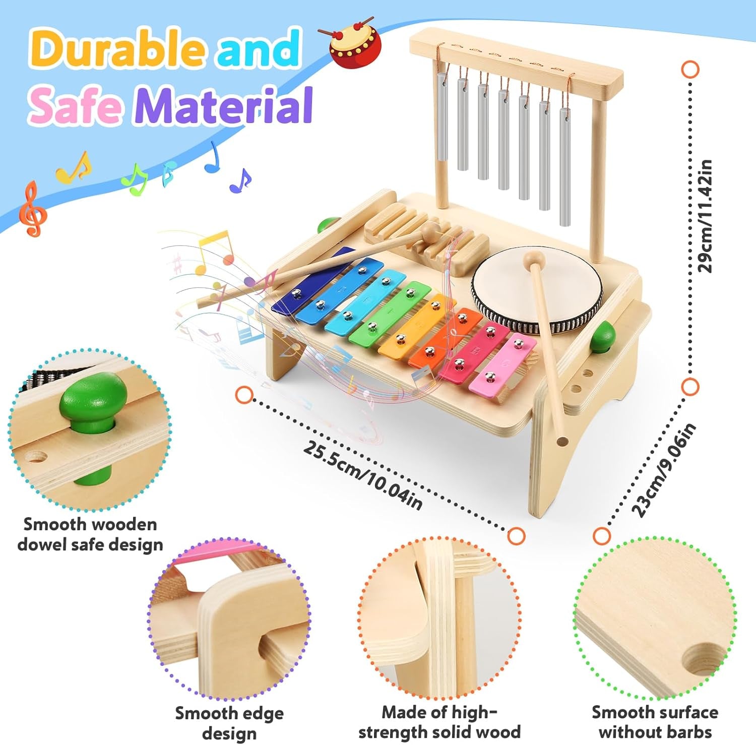 Kids drum set and wooden xylophone by X With Love, toddler musical instruments with baby drum, wind chime, and Montessori toy features.
