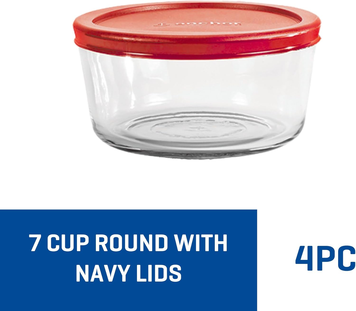 X With Love Snugfittm round food storage containers with lids, 4-piece set in red, oven-safe, 7-cup capacity.