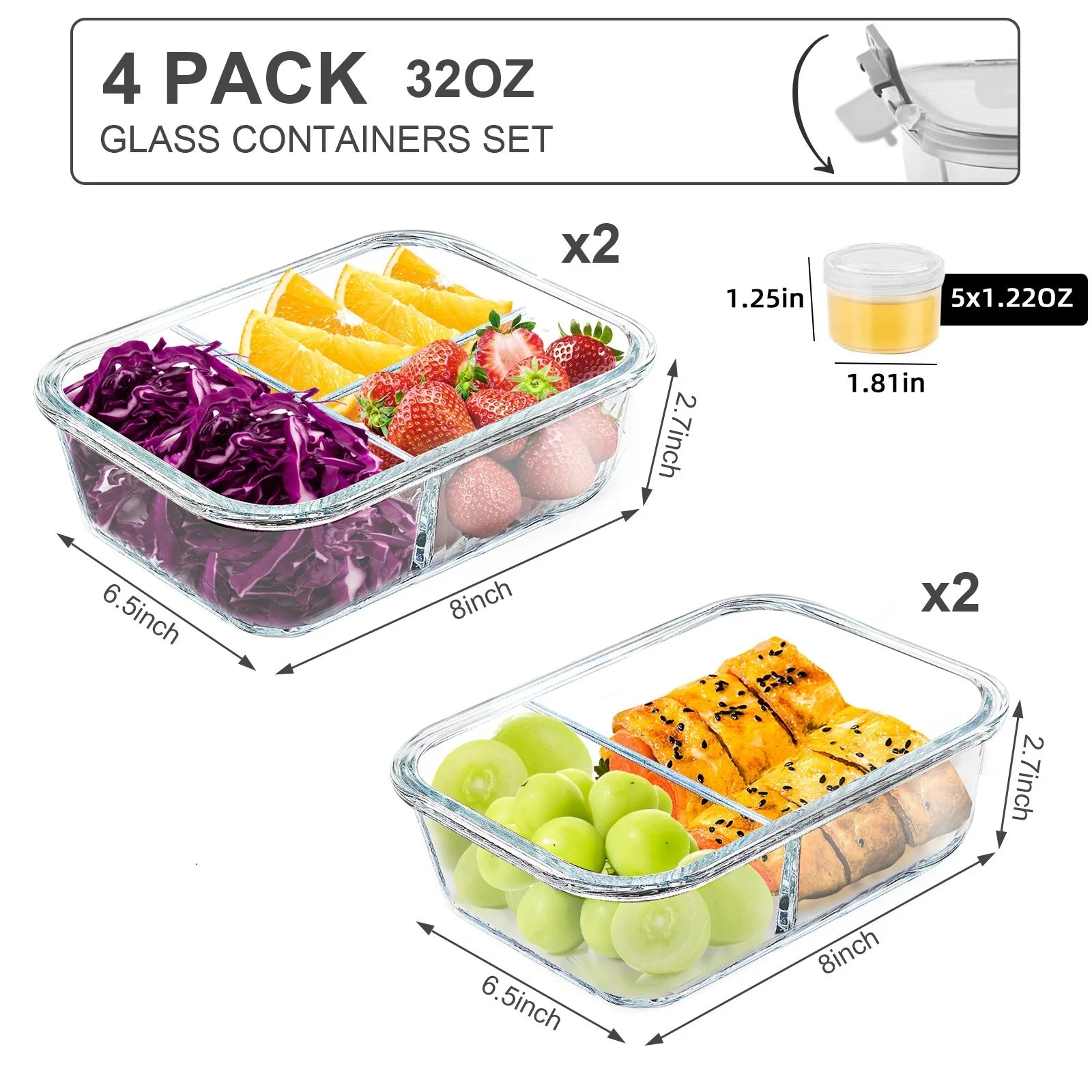 Set of 8 glass food storage containers with lids, 2-3 compartments, leak-proof, oven and freezer safe, grey color by X With Love.