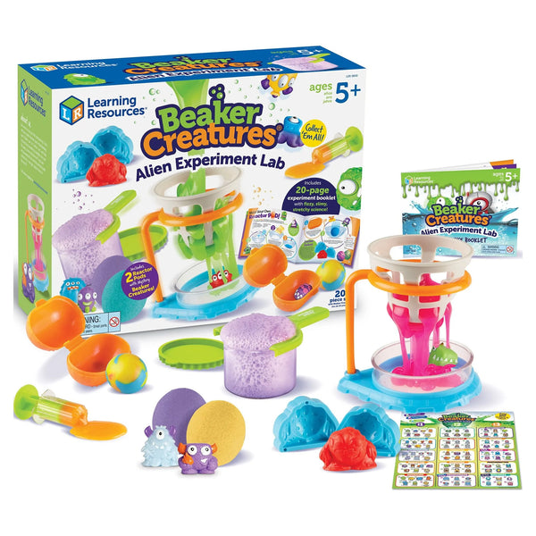 Beaker Creatures Alien Experiment Lab science kit with 18 pieces for kids aged 5 and up, featuring colorful science toy components.