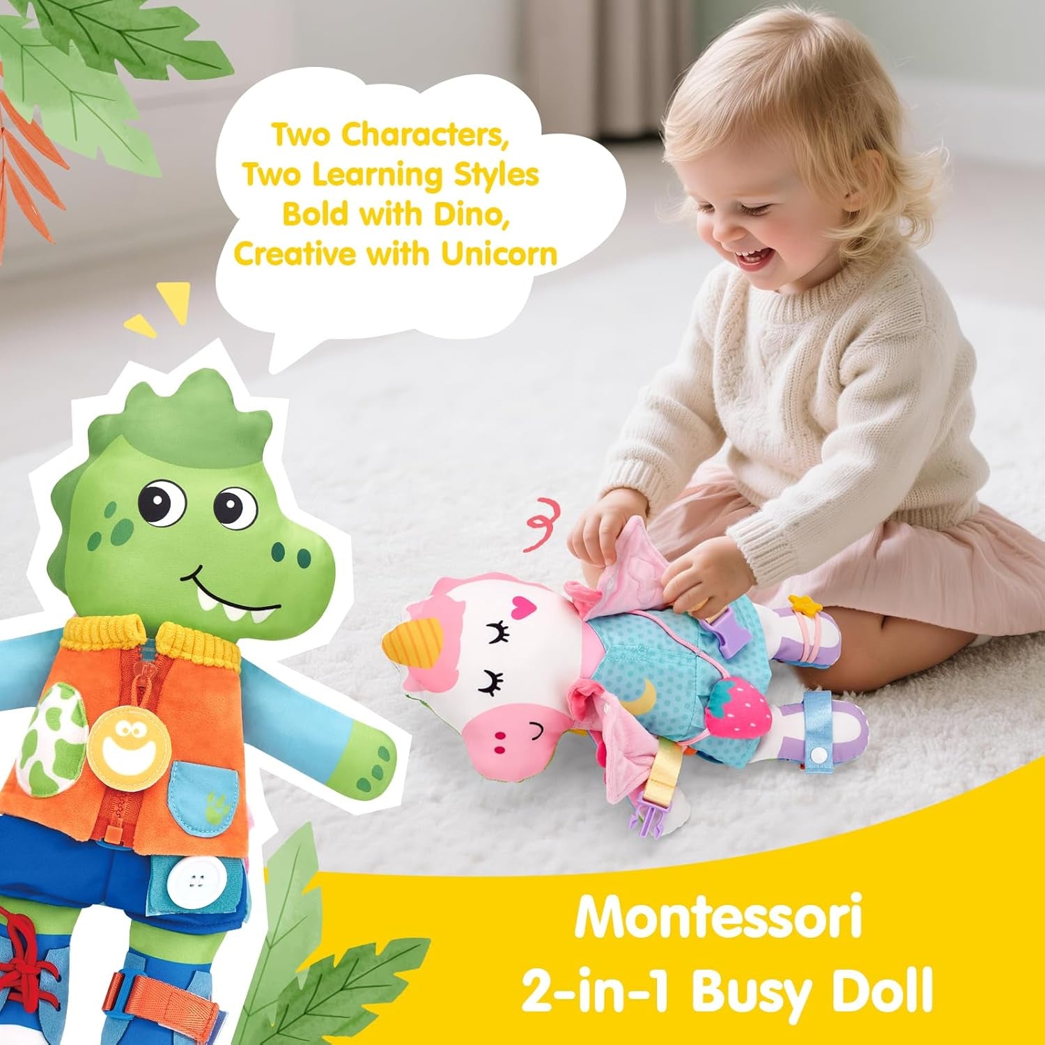 Reversible plush unicorn and dinosaur toddler doll with buckles and snaps for dressing skills, educational toy for 1-3 year olds.