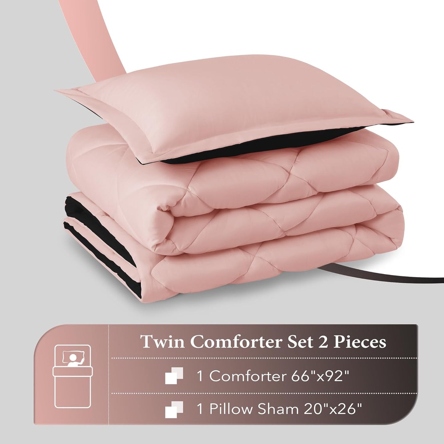 Pink and black twin comforter set with matching pillow sham, soft all-season bedding, 66x92 inch comforter and 20x26 pillow sham