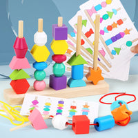 Wooden children's puzzle bead toys with five sets of column colors, sensory enlightenment, shape perception, and building block toys