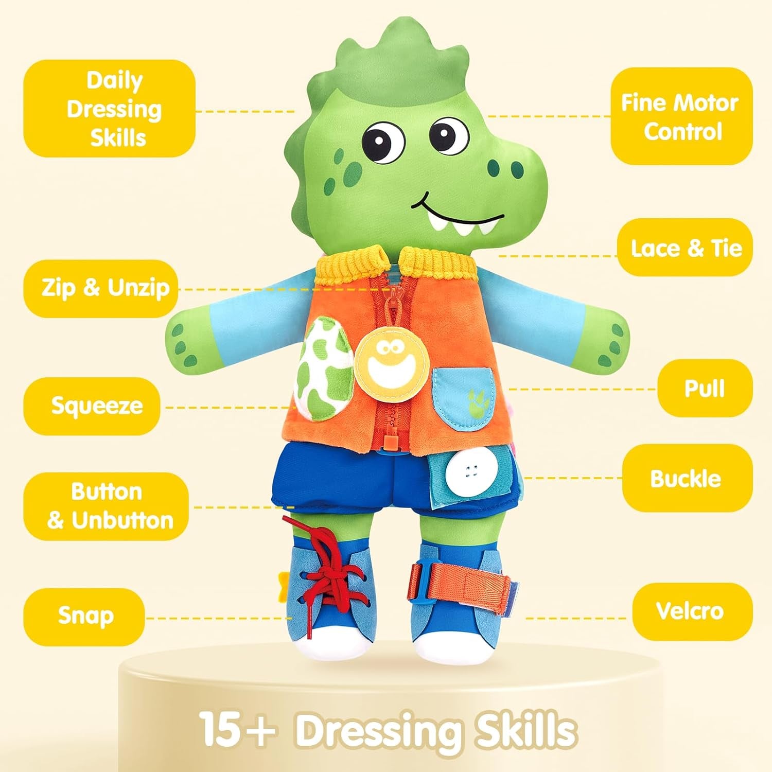 Reversible unicorn and dinosaur plush Montessori busy doll for toddlers, featuring buckles, snaps, and dressing skills from X With Love.
