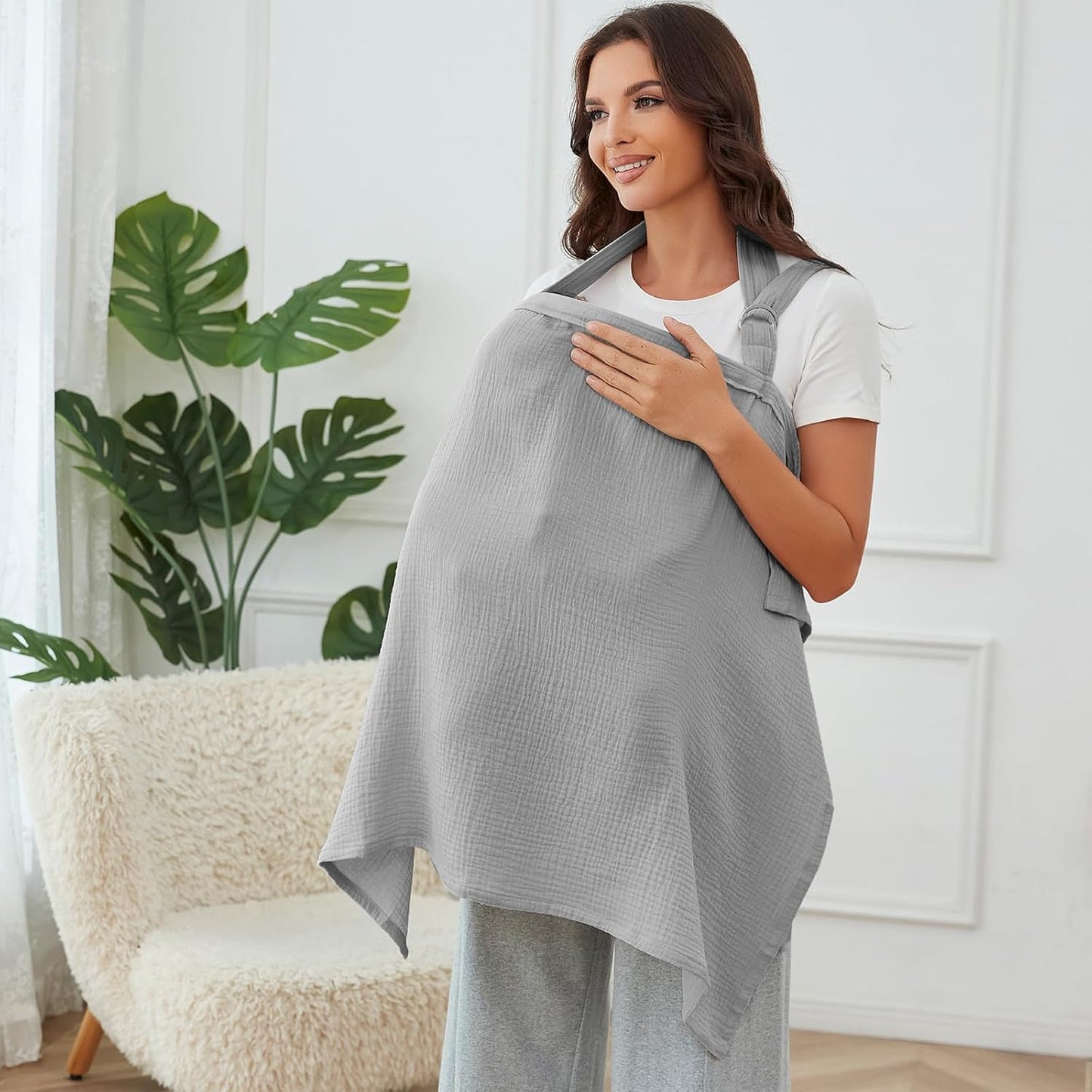 Grey nursing cover for breastfeeding with rigid hoop, breathable soft 100% muslin cotton, designed for baby feeding and pumping.