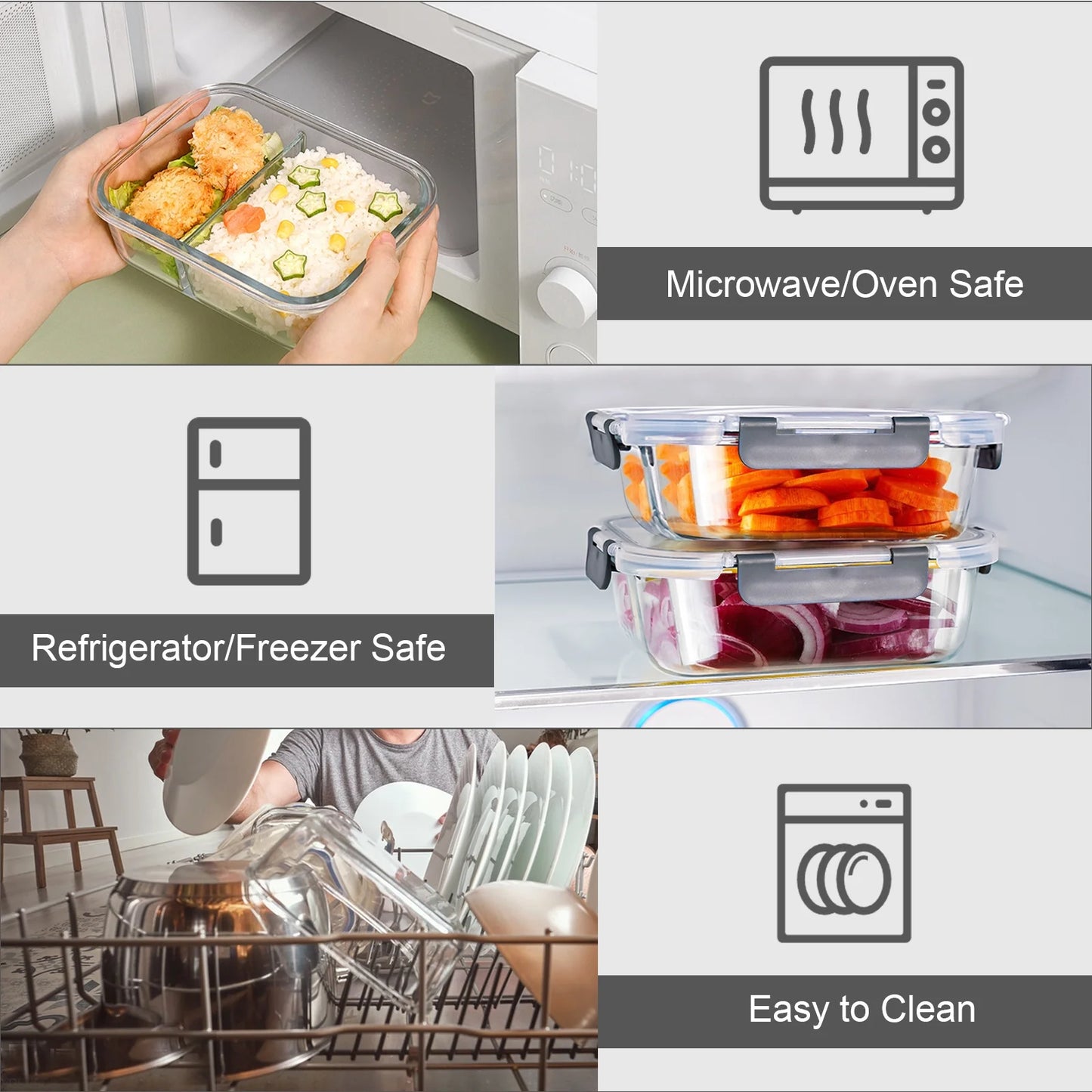 Set of 8 grey glass food storage containers with lids, 2- and 3-compartment meal prep containers, leak-proof, oven and freezer safe.