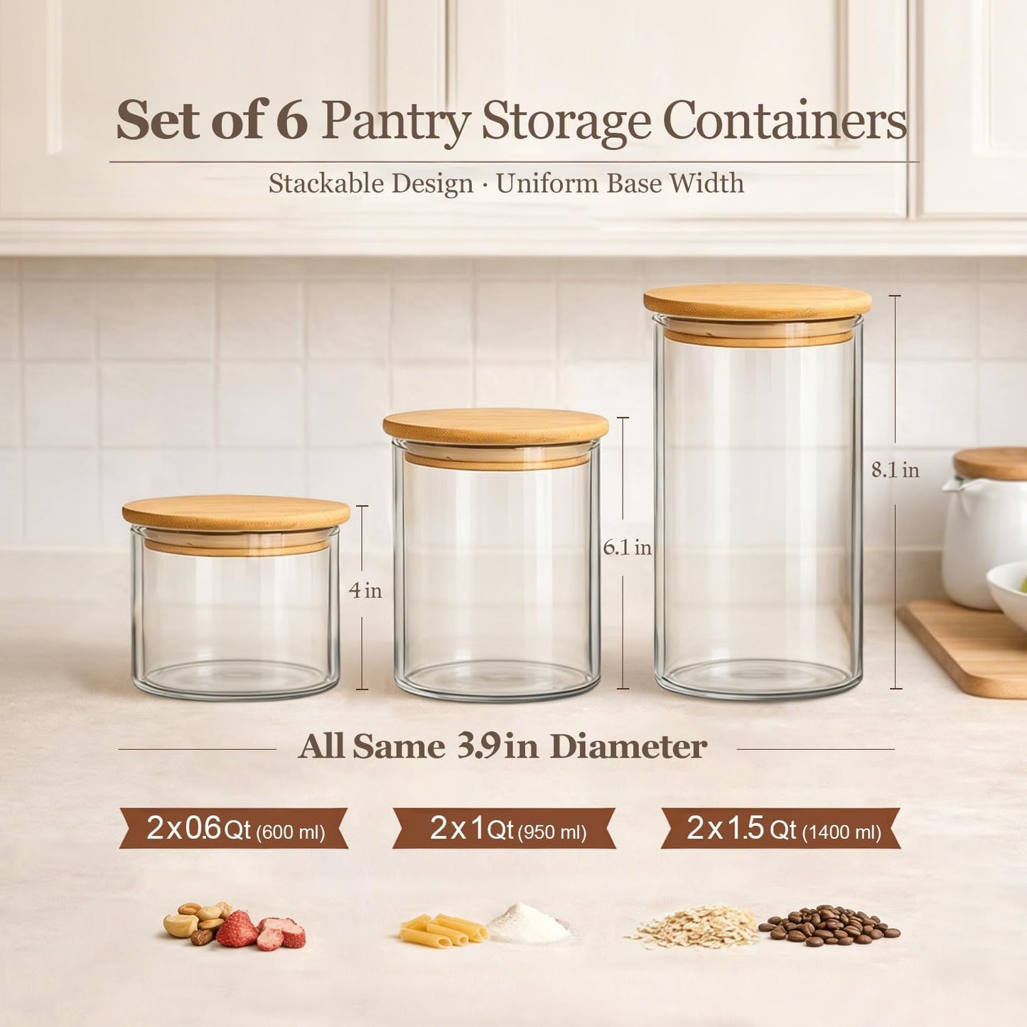Set of six X With Love glass storage containers with airtight lids, labeled, stacked for pantry organization and dry food storage.