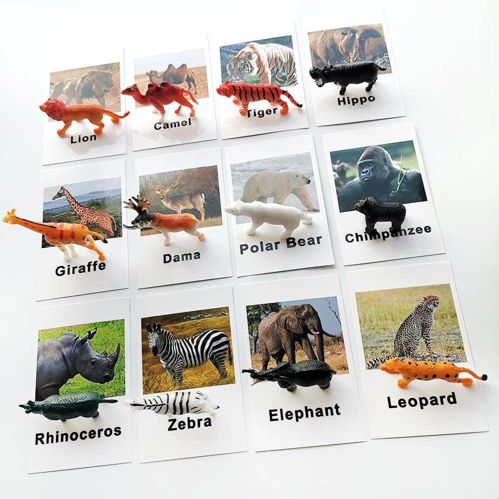 Set of miniature forest animal toy figurines with matching cards for Montessori learning by X With Love, ideal for preschool education.