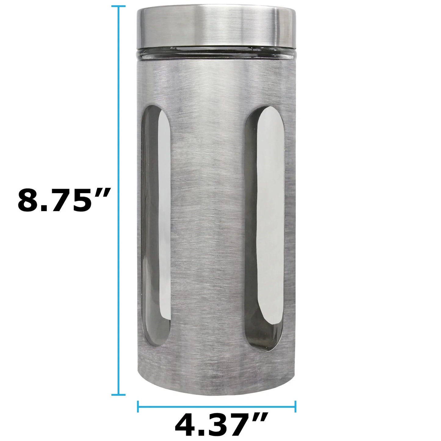 44oz stainless steel canister with transparent window by X With Love, showing a sleek storage container with lid and clear viewing panel.