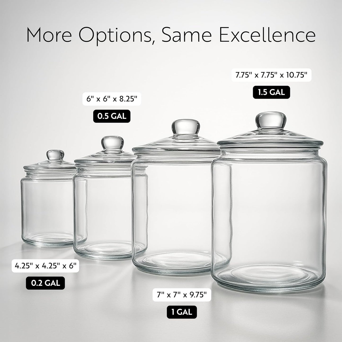 Clear glass Vetri 0.5 gallon storage jar with knob handle lid, wide opening, dishwasher safe, ideal for kitchen or laundry storage.