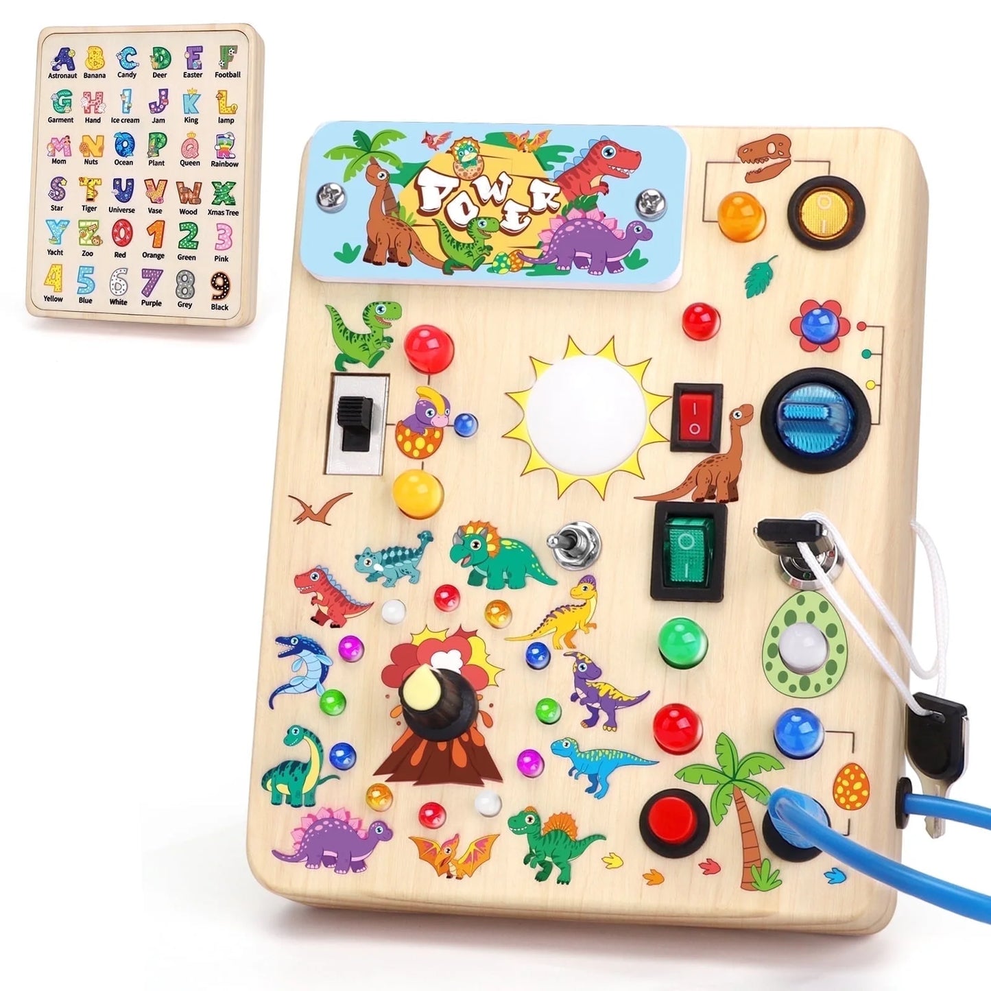 Wooden dinosaur busy board toy by X With Love, Montessori travel toy for toddlers age 1+ featuring colorful dinosaur shapes.