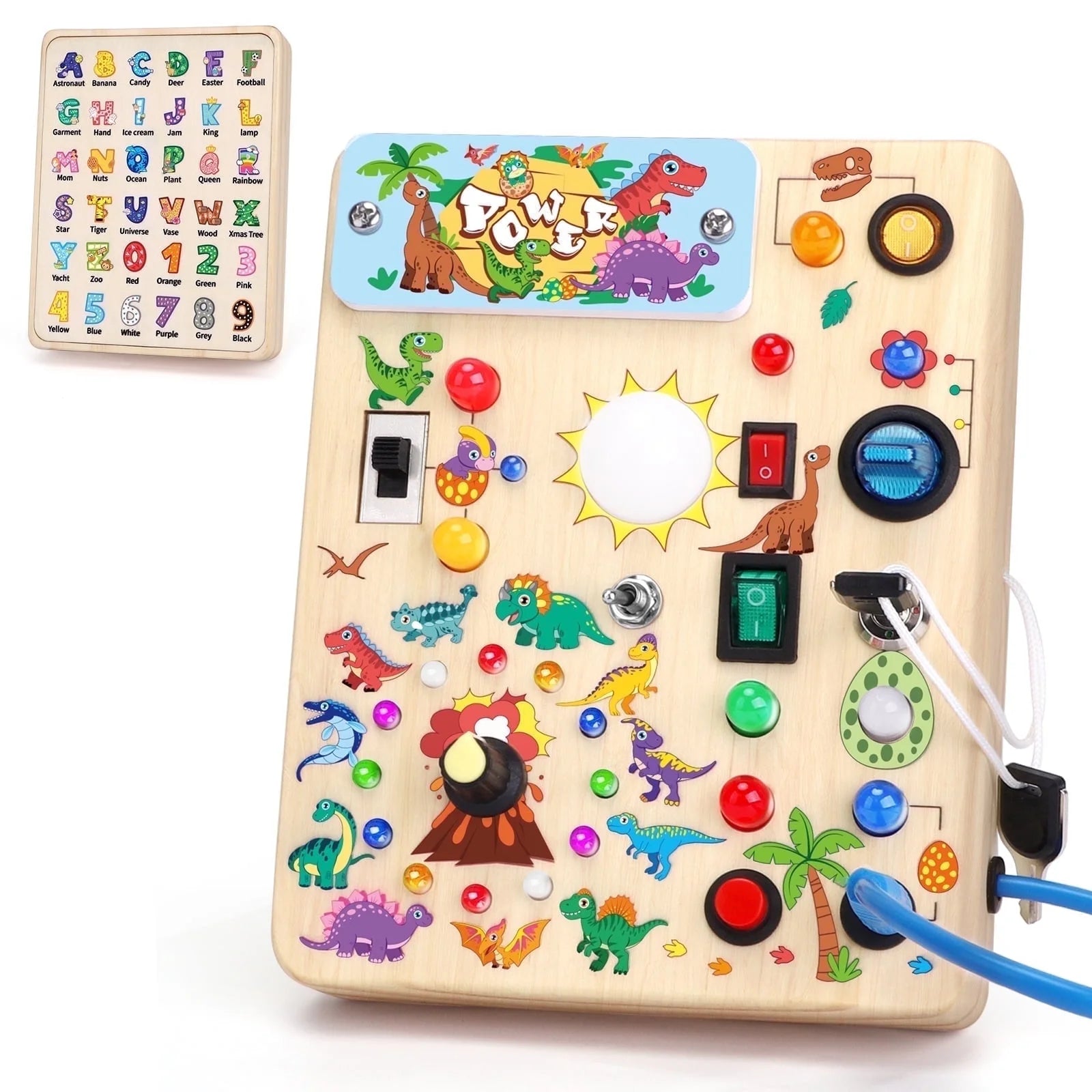 Wooden dinosaur busy board toy by X With Love, Montessori travel toy for toddlers age 1+ featuring colorful dinosaur shapes.