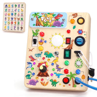 Wooden dinosaur busy board toy by X With Love, Montessori travel toy for toddlers age 1+ featuring colorful dinosaur shapes.