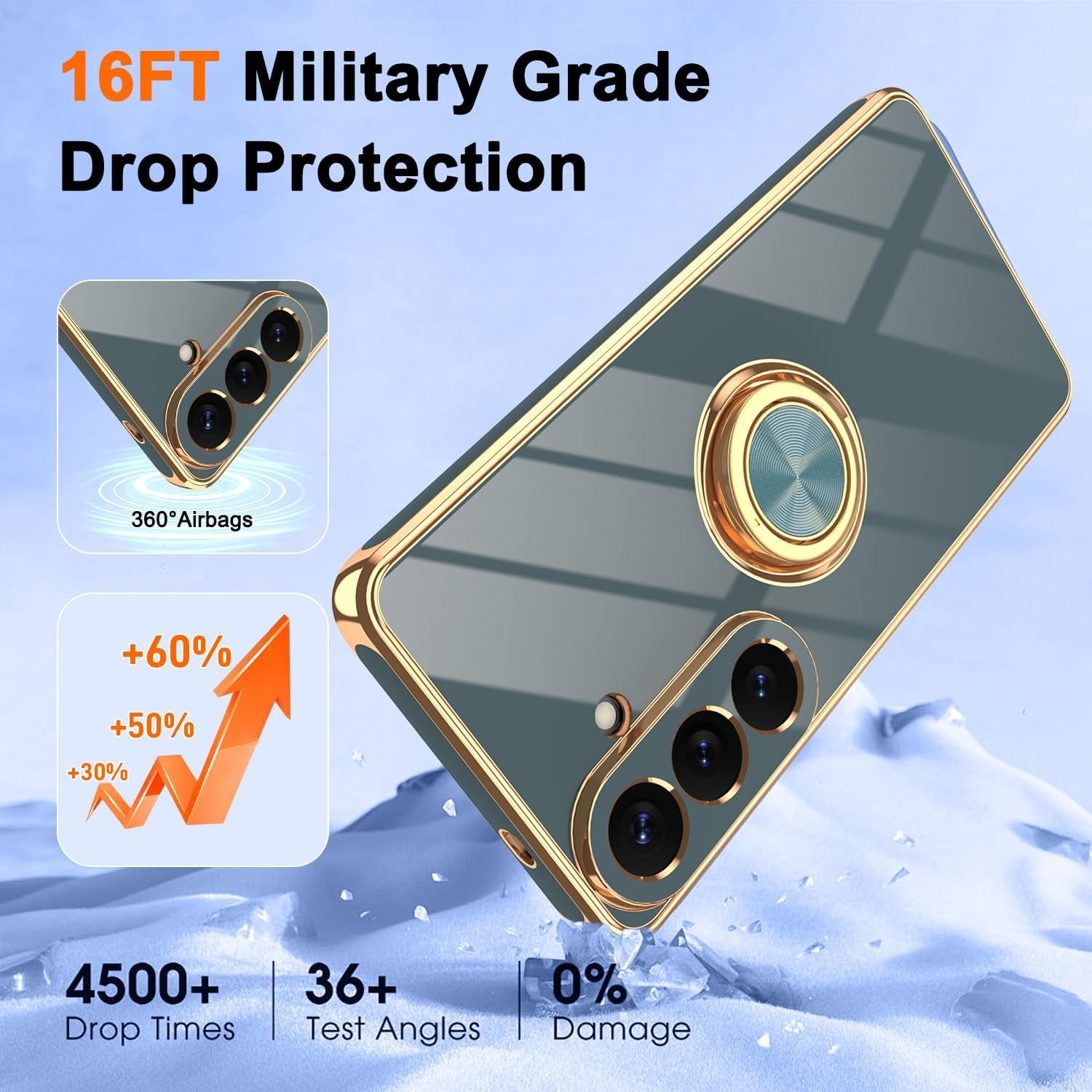 Gray Samsung Galaxy S26 protective case with magnetic kickstand, 2-pack screen protectors, gold edge plating, shockproof TPU design.