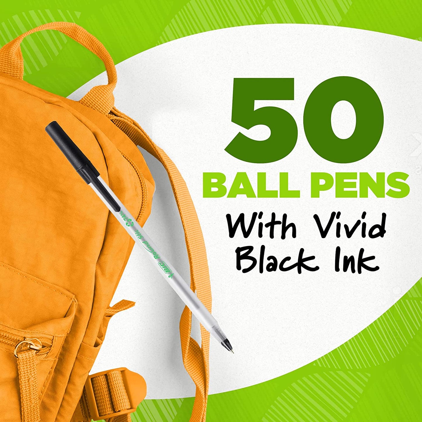 Black ink Ecolutions round Stic ballpoint pens by My Store, medium point, 50-pack, made from 97% recycled plastic.