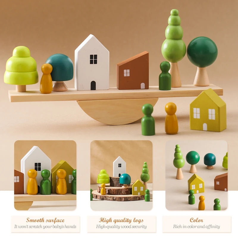 Wooden Montessori sensory stacking toys featuring forest houses replica for babies, ideal for early childhood education and developmental play.