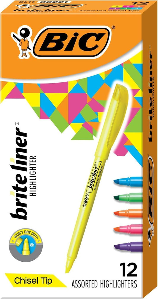 Set of 12 Brite Liner highlighters with chisel tips in assorted colors, ideal for highlighting and organizing notes.
