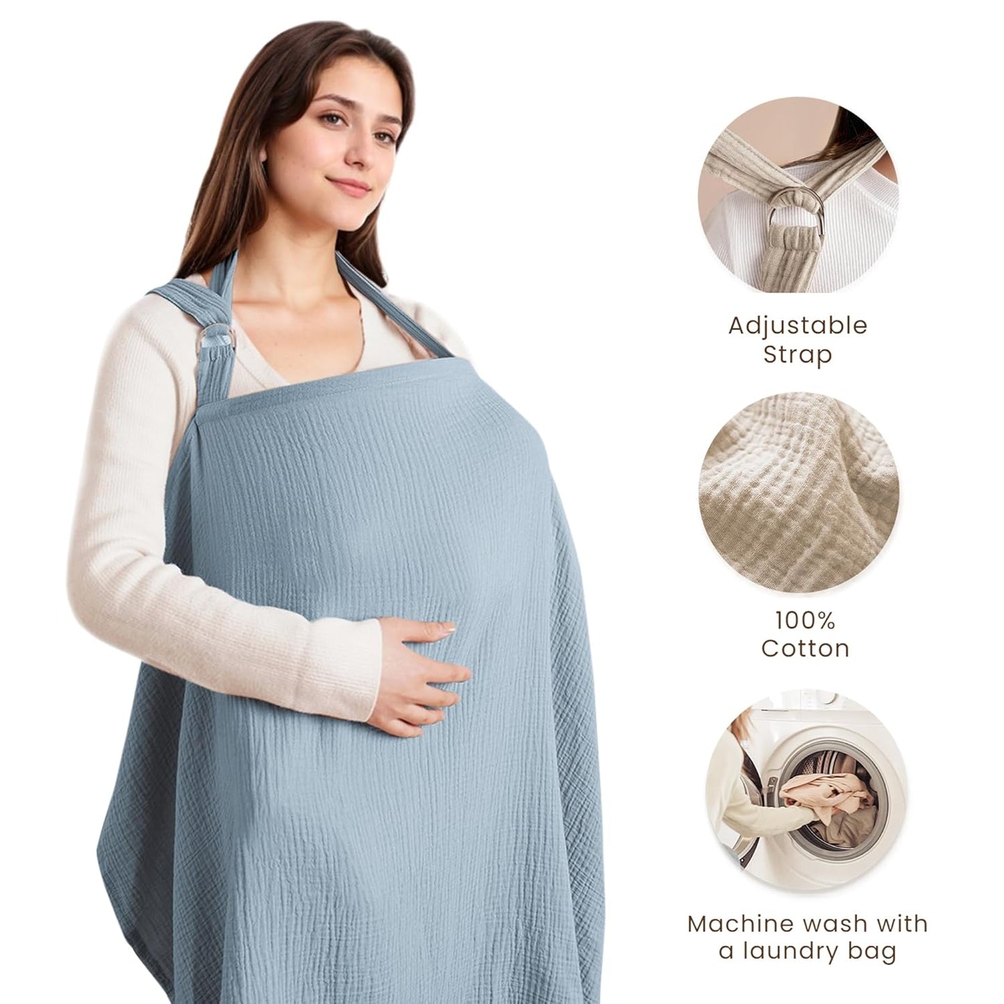 Blue X With Love muslin nursing cover for breastfeeding, breathable 100% cotton with rigid hoop and carseat canopy function.