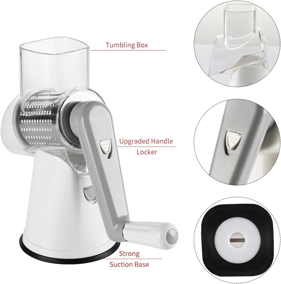 White rotary cheese grater with hand crank, three blades, non-slip suction base, for shredding cheese, vegetables, and nuts.