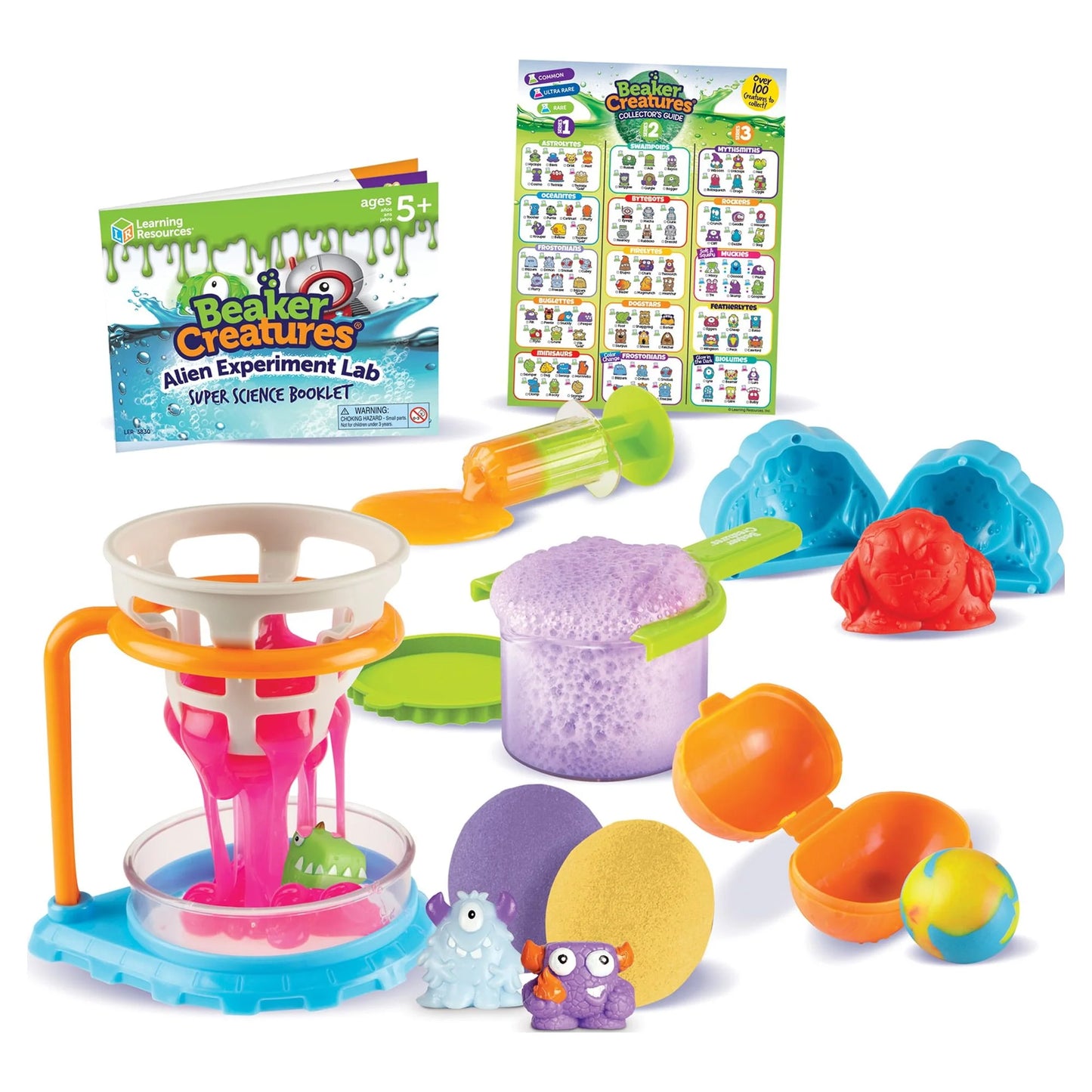 Beaker Creatures Alien Experiment Lab science kit with 18 pieces, featuring colorful beakers, alien figures, and science tools for kids.