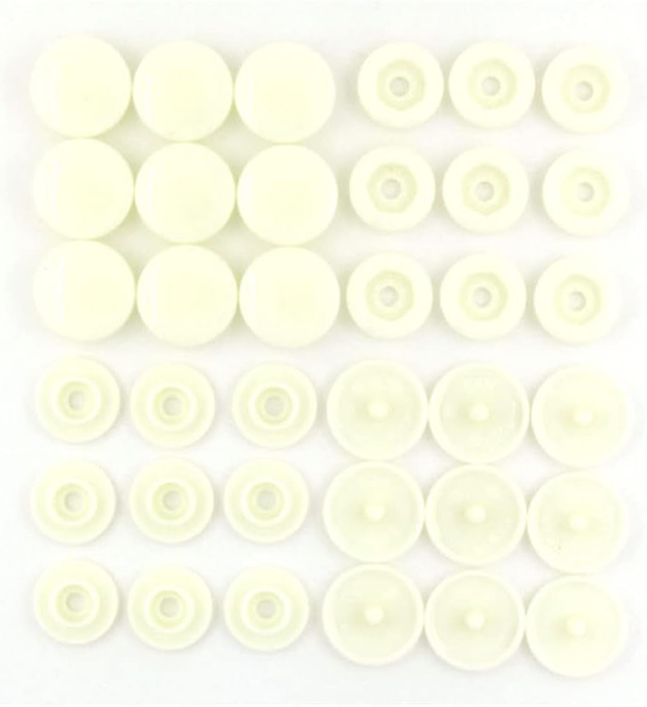 20 sets of X With Love T5 resin plastic snap fasteners in milk white, shown in organized sets for clothing DIY projects.
