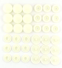 20 sets of X With Love T5 resin plastic snap fasteners in milk white, shown in organized sets for clothing DIY projects.