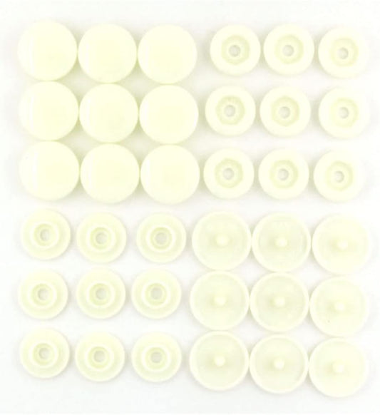 20 sets of X With Love T5 resin plastic snap fasteners in milk white, shown in organized sets for clothing DIY projects.