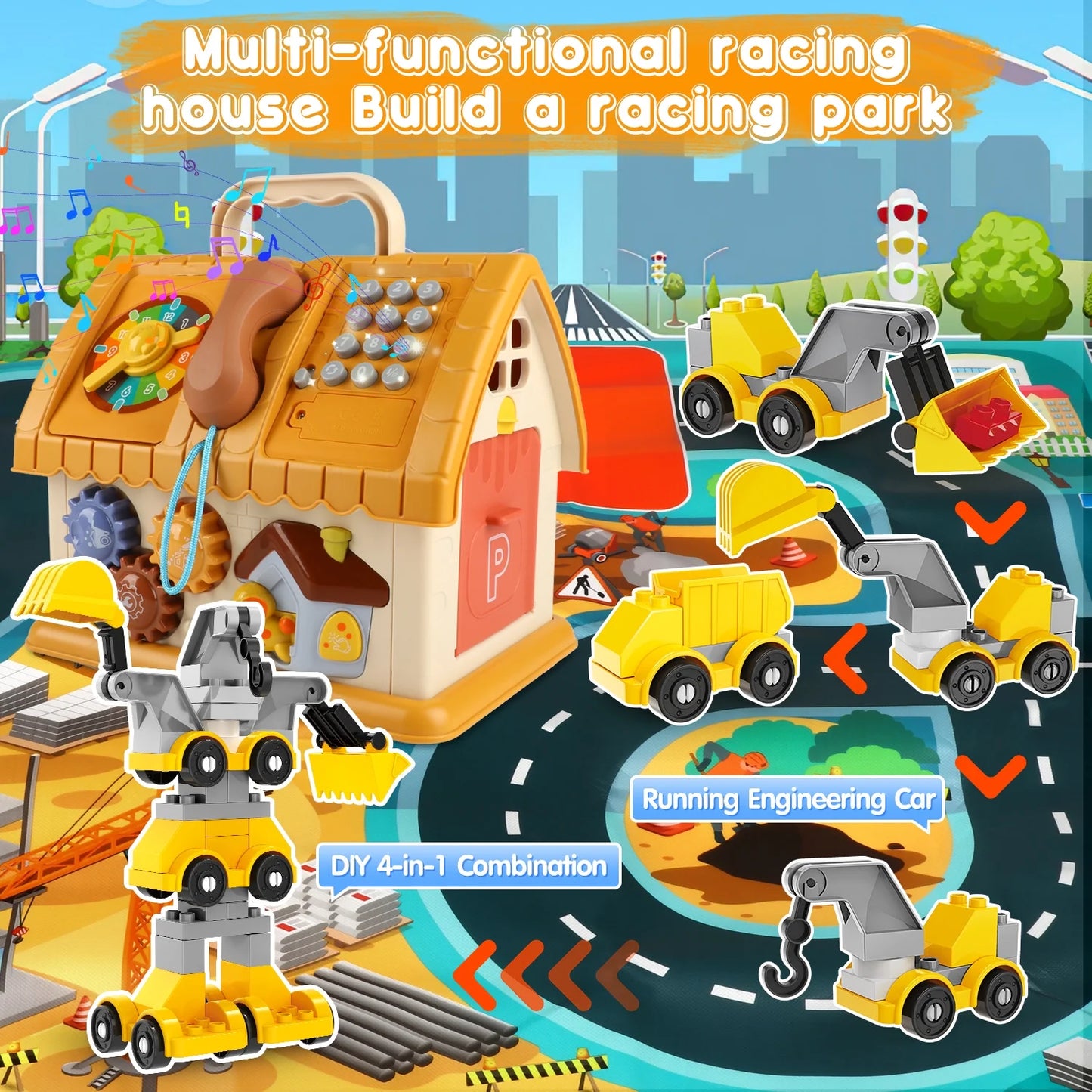 Toddler Montessori learning house toy from X With Love with building cars, map, sound, and light features for ages 1+.