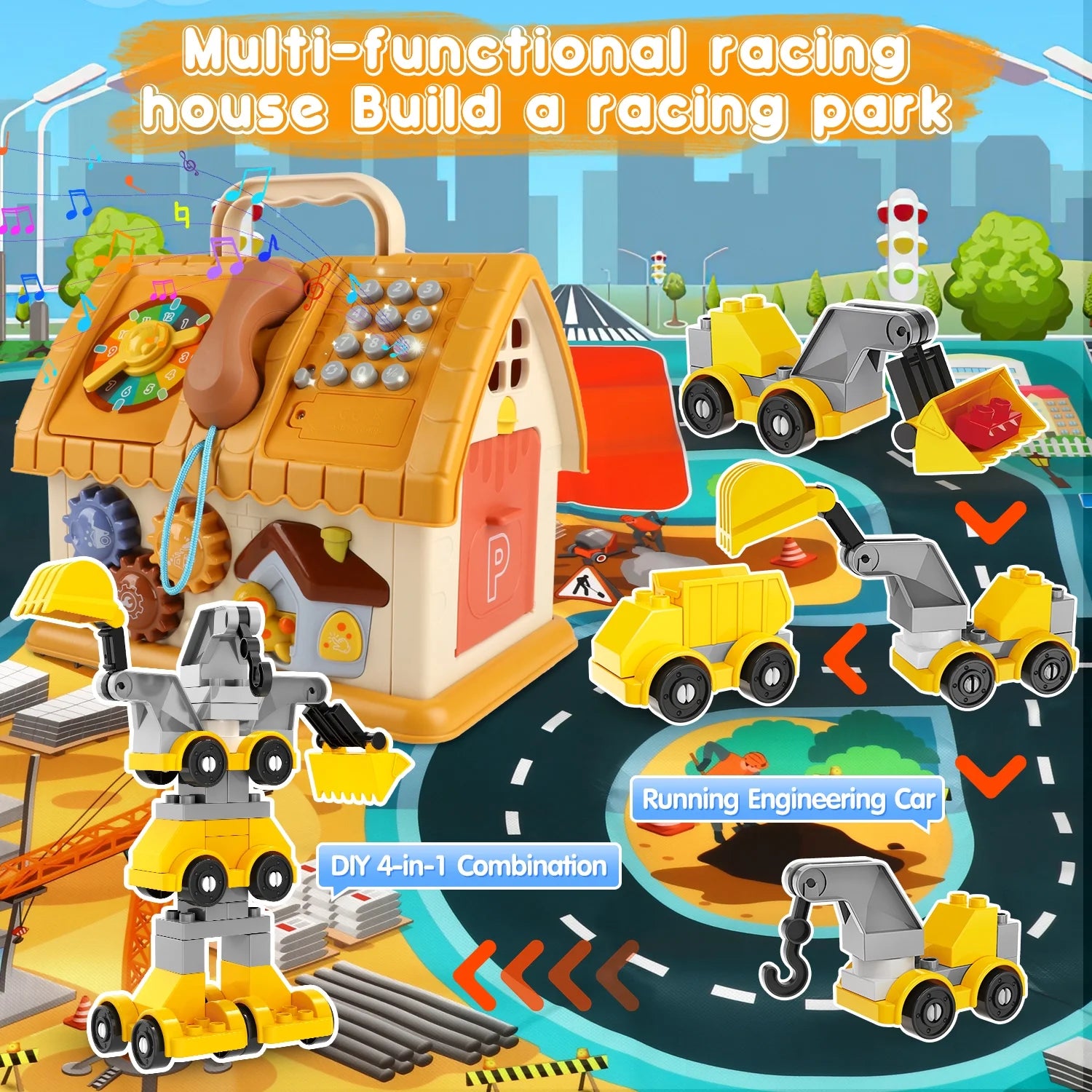 Toddler Montessori learning house toy from X With Love with building cars, map, sound, and light features for ages 1+.