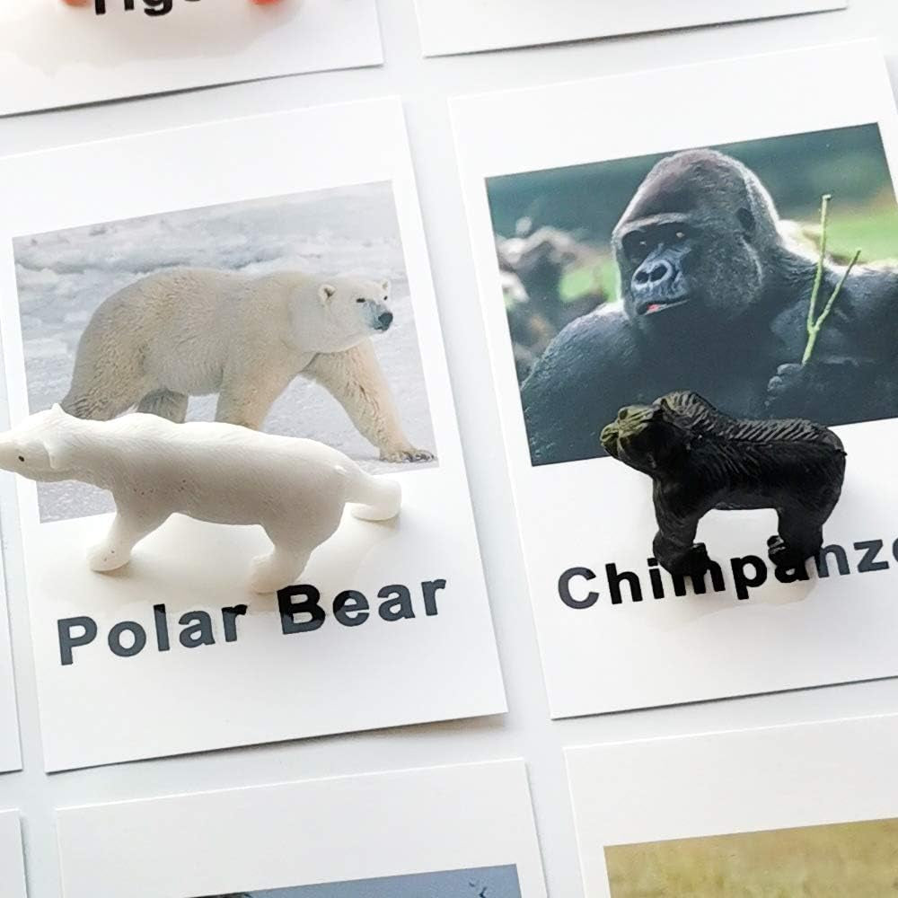 Set of miniature forest animal figurines by X With Love with matching cards for Montessori preschool learning activities.