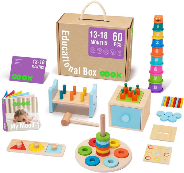 Montessori Toys for 1 Year Old, 8 in 1 Learning Educational Set Wooden Toys (Includes Stacking Cups, 3-In-1 Educational Box, Pound Bench, Shape Puzzle and More)