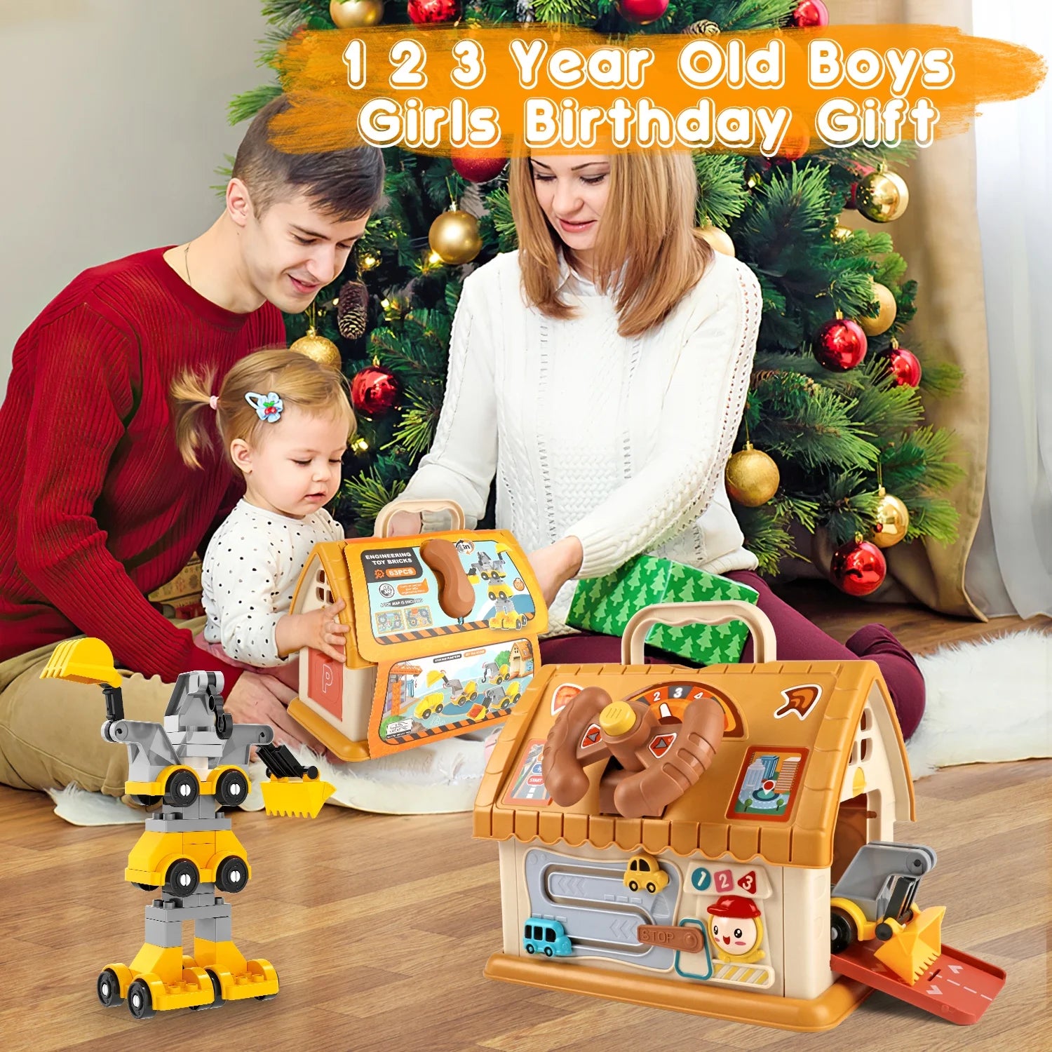 X With Love toddler Montessori learning house toy with building cars, map, sound, and light features for 1+ year old children.