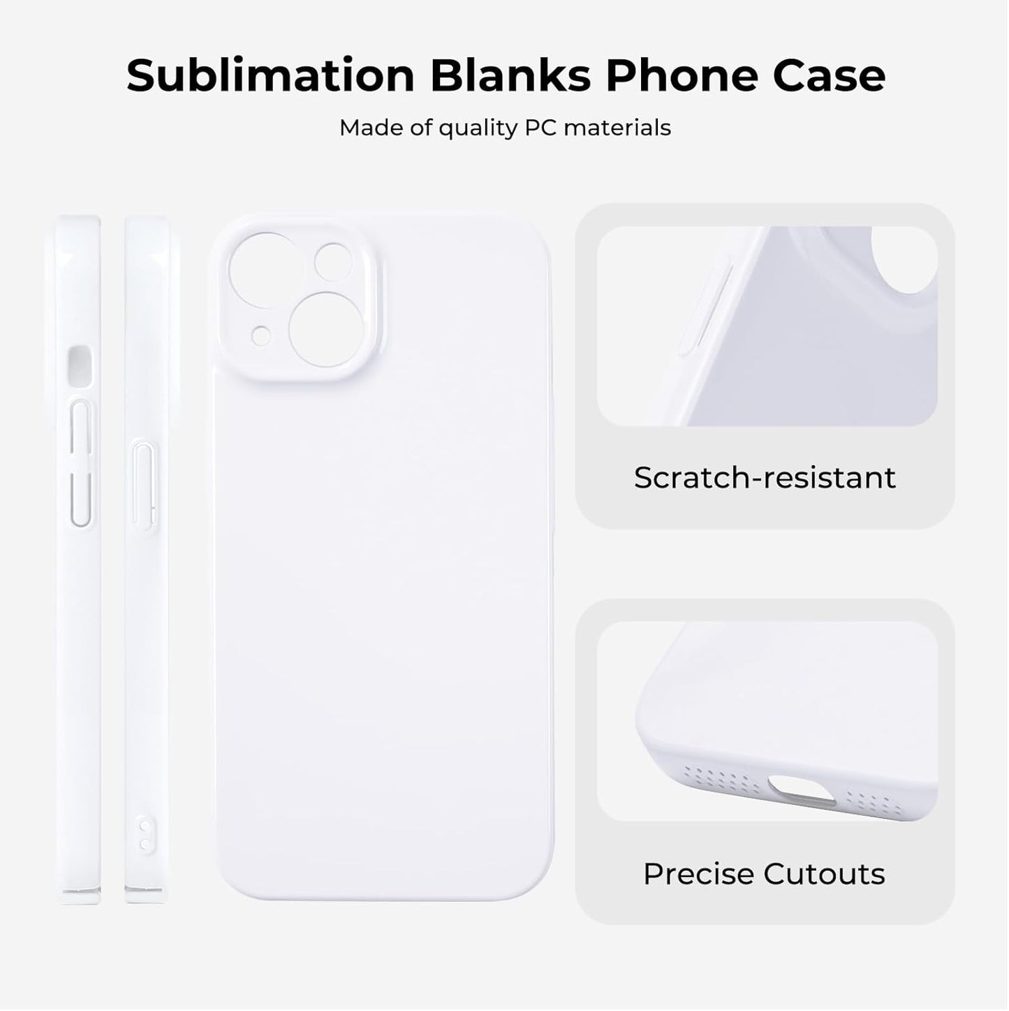 Six glossy sublimation phone case blanks for iPhone 14, hard coated, customizable, with colorful designs, by X With Love.
