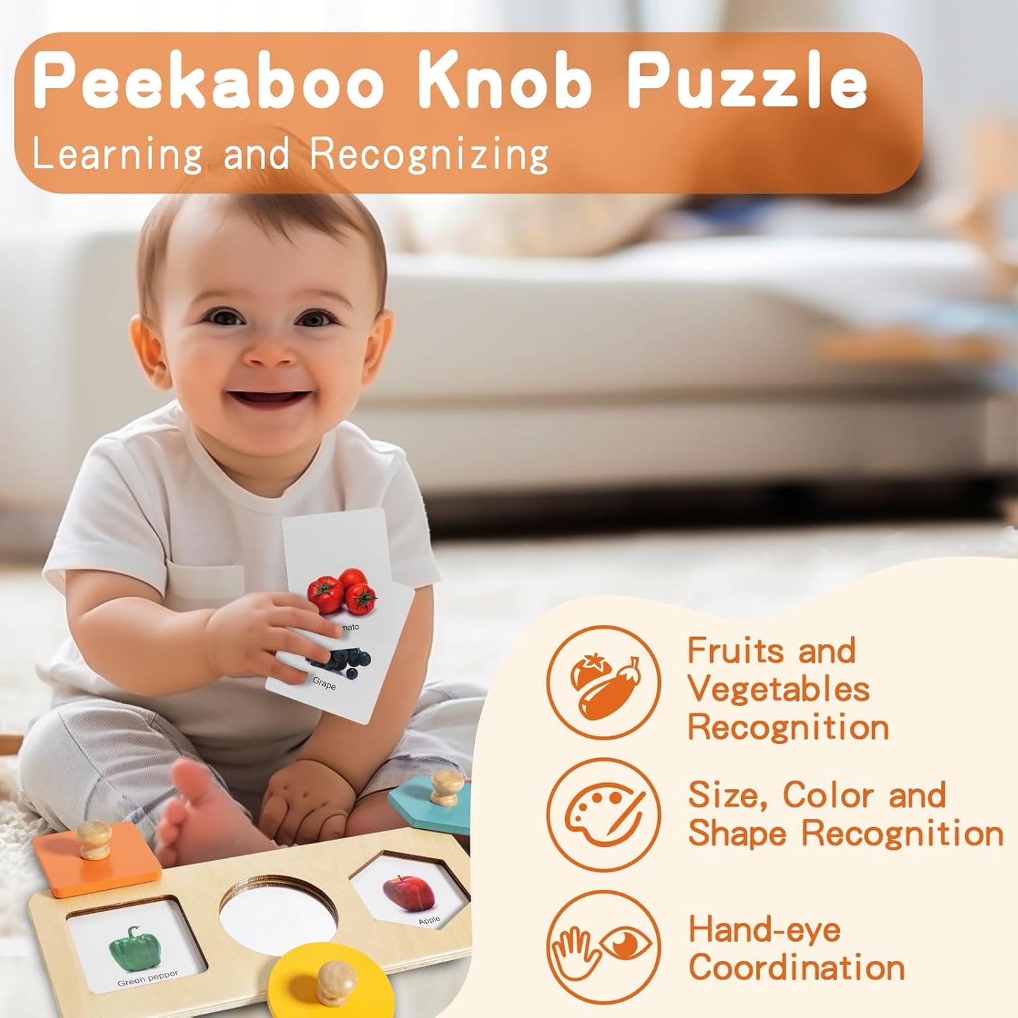 Montessori baby toys for 6-12 months, including a spinning drum, tissue box, peekaboo puzzle, and educational cards by X With Love.