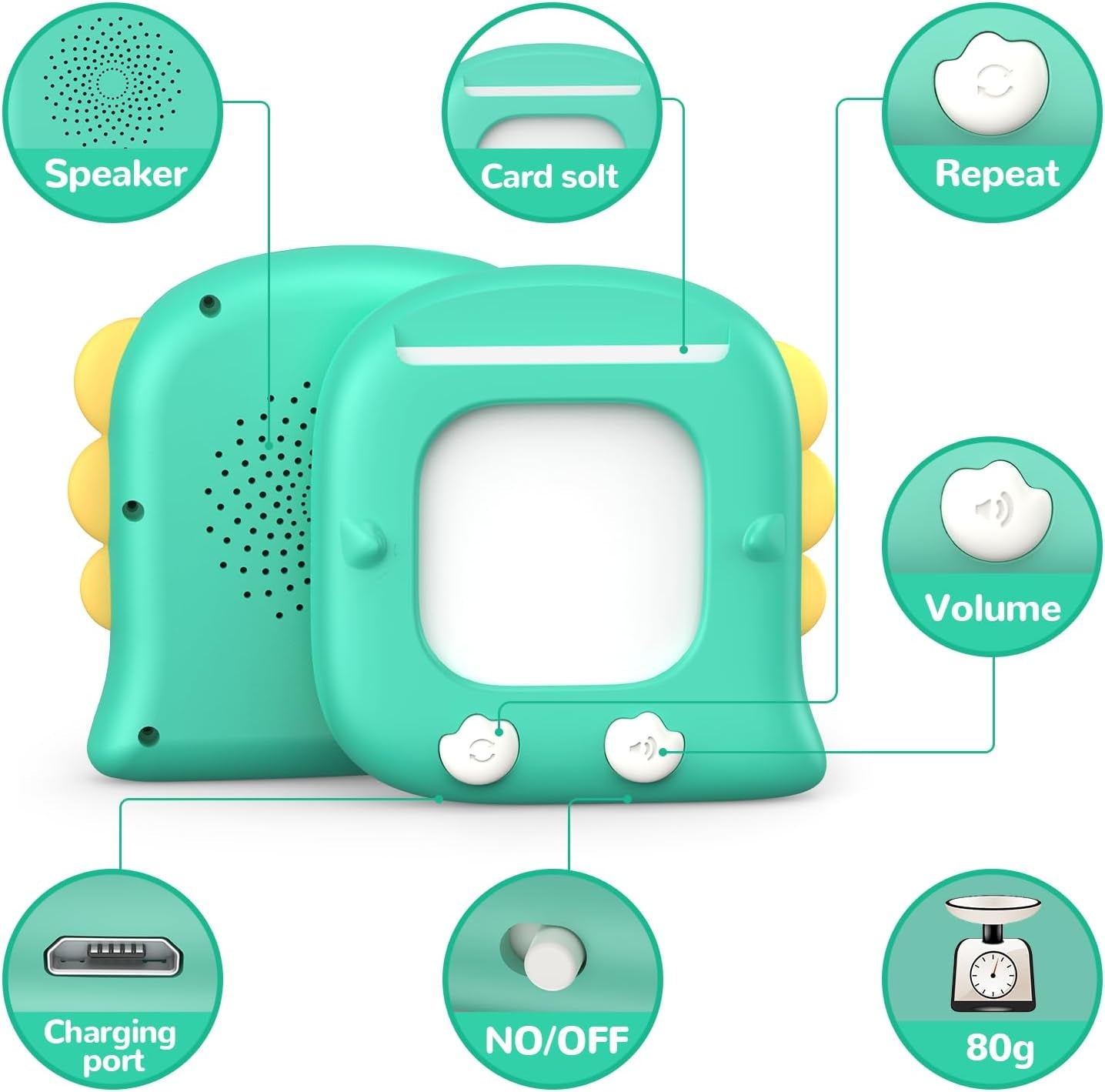 Kidzdo talking flashcards for toddlers, green educational toy with sight words, speech and language development for ages 1-6.