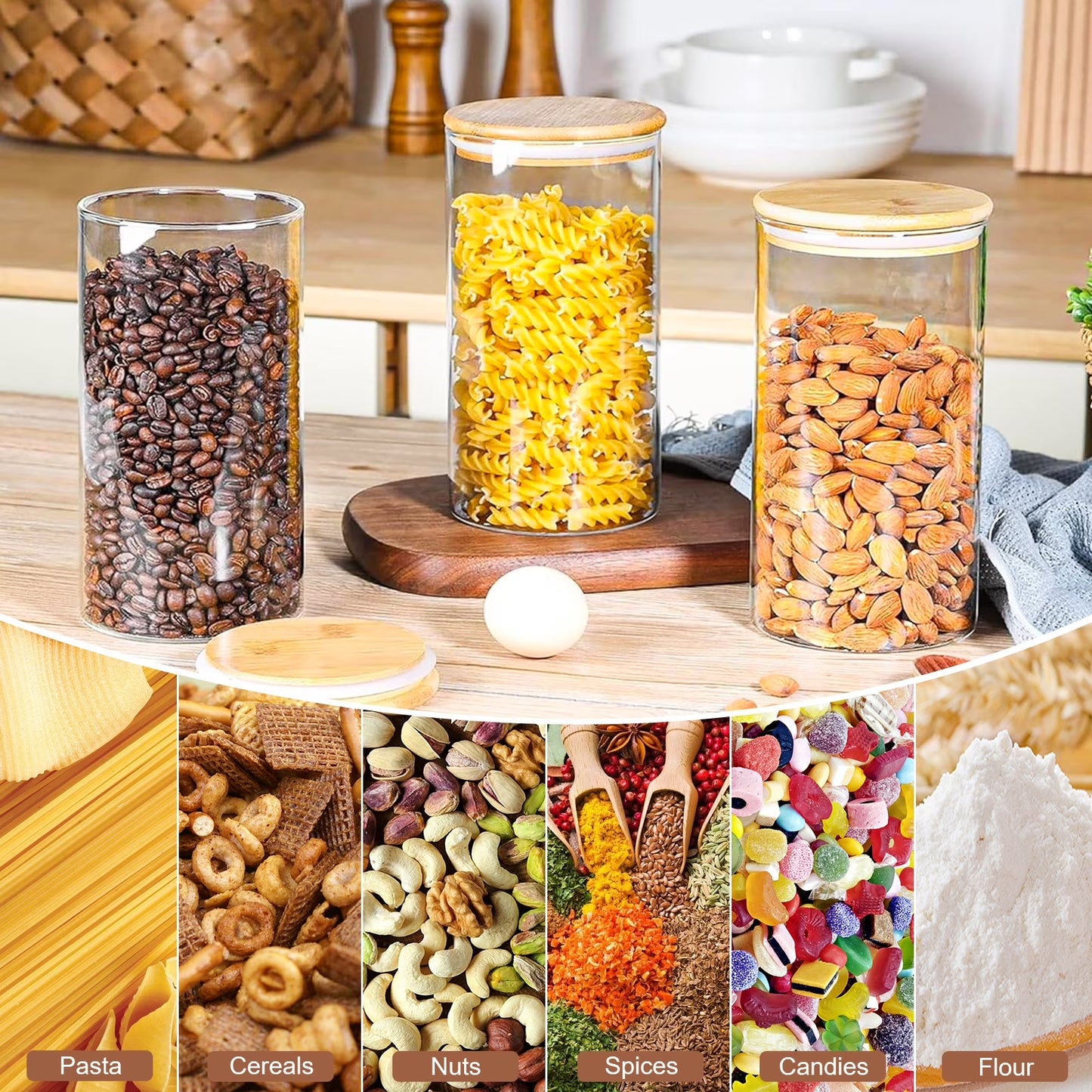 Six 25oz glass jars with bamboo lids for food storage, including coffee, sugar, flour, and snacks, by X With Love.